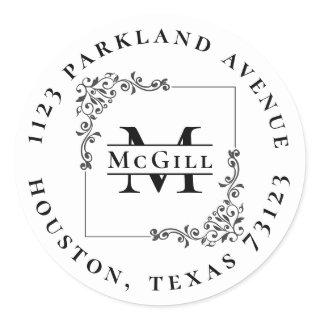 Stylish Monogram & Last Name Round Return Address Classic Round Sticker