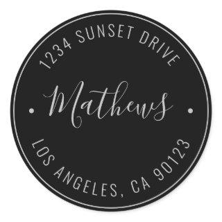 Stylish Name & Circular Text | Black & Grey Classic Round Sticker