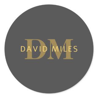 Stylish Name & Monogram | Gold & Dark Gray Classic Round Sticker
