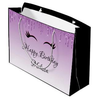 Stylish Pink & Black Eyelashes on Dripping Glitter Large Gift Bag