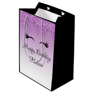 Stylish Pink & Black Eyelashes on Dripping Glitter Medium Gift Bag