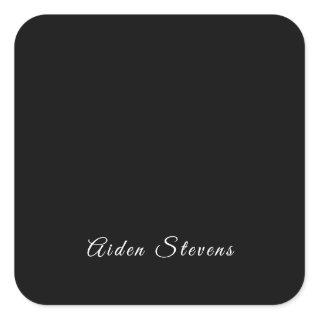 Stylish Plain Black & White Minimalist Add Name Square Sticker