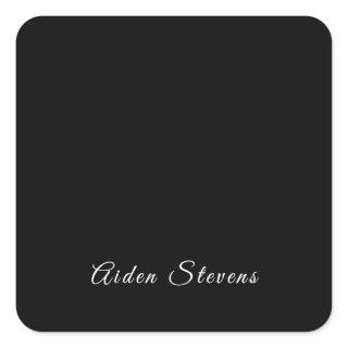 Stylish Plain Black & White Minimalist Add Name Square Sticker