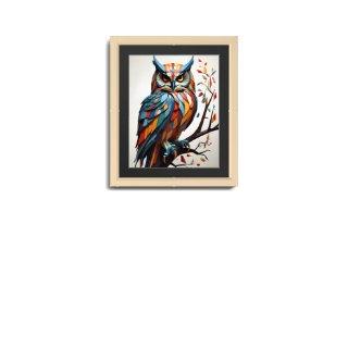 stylized  colorful  owl perched on a huge curved  framed art