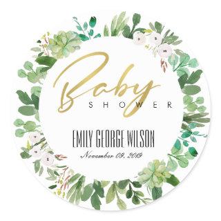 SUCCULENT WREATH FOLIAGE WATERCOLOR BABY SHOWER CLASSIC ROUND STICKER