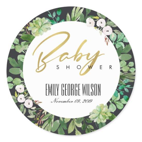 SUCCULENT WREATH FOLIAGE WATERCOLOR BABY SHOWER CLASSIC ROUND STICKER