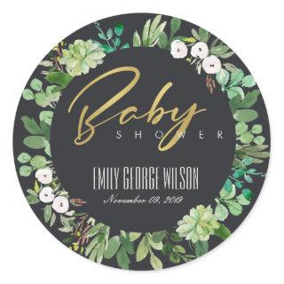 SUCCULENT WREATH FOLIAGE WATERCOLOR BABY SHOWER CLASSIC ROUND STICKER