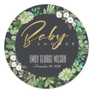 SUCCULENT WREATH FOLIAGE WATERCOLOR BABY SHOWER CLASSIC ROUND STICKER