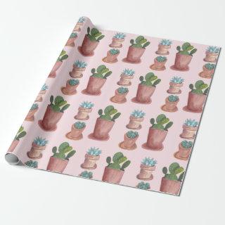 Succulents and cacti on pink background gift wrap