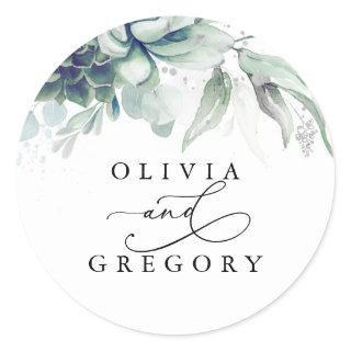 Succulents Greenery and Silver Wedding Classic Round Sticker