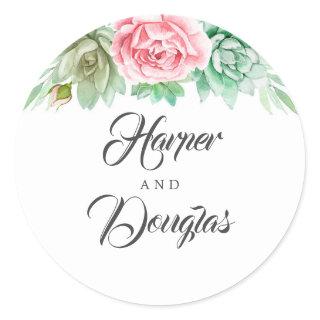 Succulents Pink Wedding Floral Classic Round Sticker