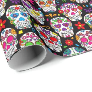 sugar skull gift wrap  bright colors on black