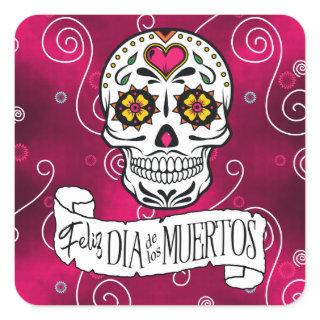 Sugar Skulls and Swirls Rose Red ID725 Square Sticker