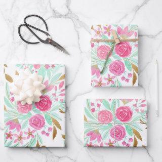 Summer Gold Pink Teal Watercolor Flowers Pattern  Sheets