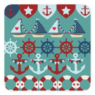 Summer Nautical Theme Anchors Sail Boats Helms Square Sticker