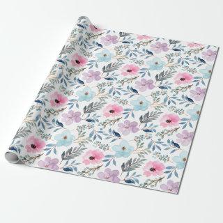 Summer Pastel Blue Watercolor Flowers Pattern