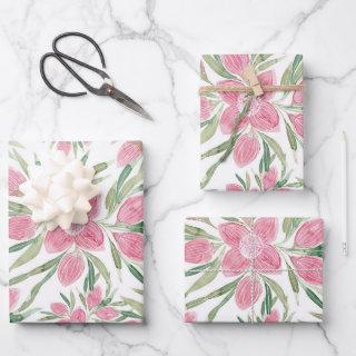 Summer Pink Green Watercolor Blooming Flowers  Sheets
