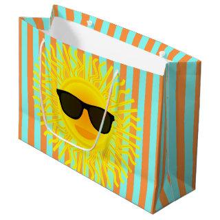 Sun with Dark Sunglasses on Aqua & Orange Stripes Large Gift Bag