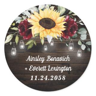 Sunflower and Burgundy Red Rose Rustic Wedding Classic Round Sticker