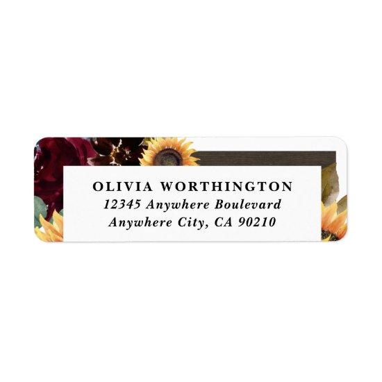 Sunflower and Roses Burgundy Red Navy Blue Wedding Label
