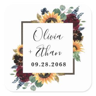 Sunflower and Roses Burgundy Red Navy Blue Wedding Square Sticker