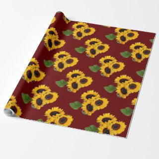 Sunflower Bouquet Pattern Burgundy Gift Wrap Roll