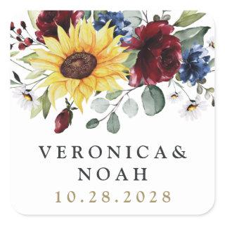 Sunflower Burgundy Roses Navy Blue Rustic Wedding Square Sticker