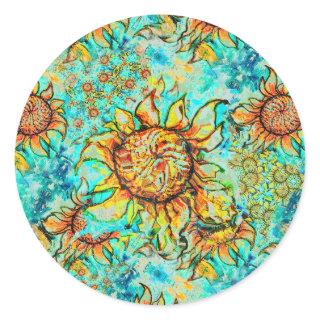 Sunflower Craze colorful summery pattern Classic Round Sticker