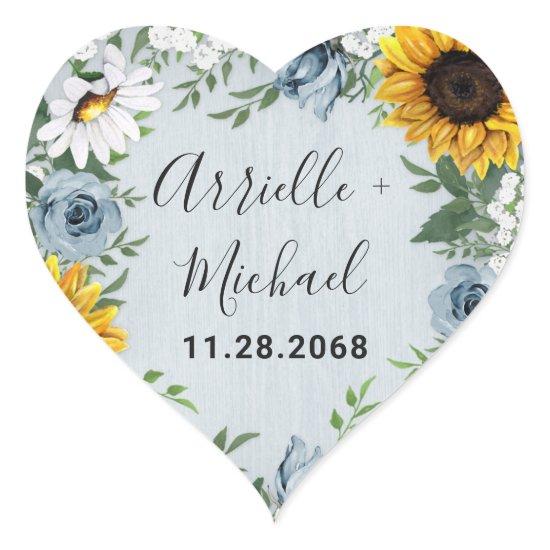 Sunflower Dusty Blue Country Rustic Roses Wedding Heart Sticker