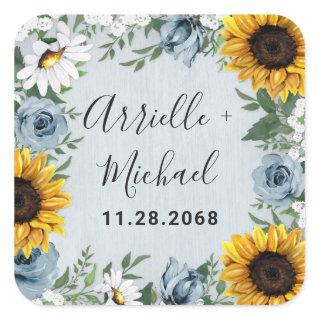 Sunflower Dusty Blue Country Rustic Roses Wedding Square Sticker