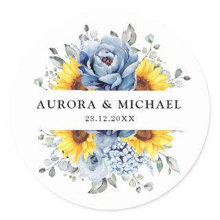 Sunflower Dusty Blue Slate Peony Floral Wedding  Classic Round Sticker