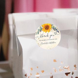 Sunflower eucalyptus glitter thank you wedding classic round sticker