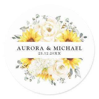 Sunflower Ivory Peony Floral Eucalyptus Wedding    Classic Round Sticker