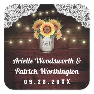 Sunflower Mason Jar Wood Lace Wedding Favor Square Sticker