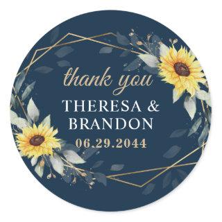 Sunflower & Navy Blue Geometric Wedding Thank You Classic Round Sticker