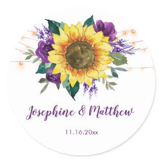 Sunflower Purple Rose Floral Lights Wedding Classic Round Sticker