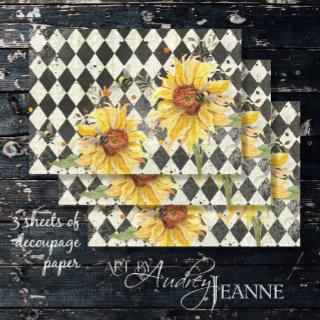 Sunflower w Bees Black Ephemera Left Decoupage   Sheets