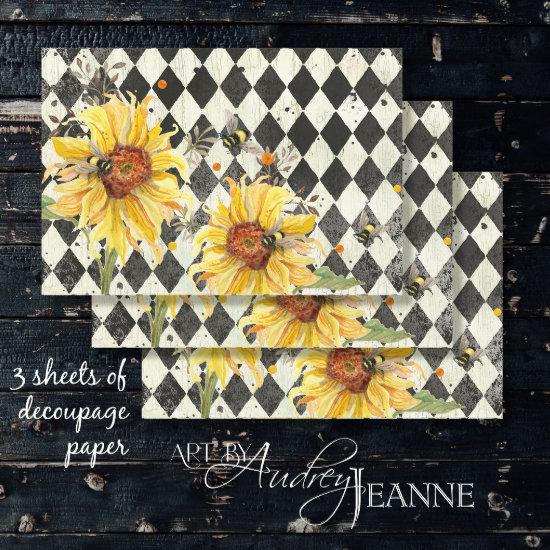 Sunflower w Bees Black Ephemera Right Decoupage   Sheets