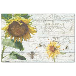 Sunflower w Bees Script Ephemera Rustic Decoupage Tissue Paper