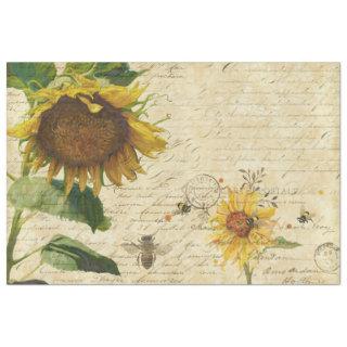 Sunflower w Bees Script Ephemera Vintage Decoupage Tissue Paper