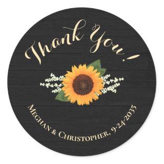 Sunflower Wedding Favor Black White Wood Thank You Classic Round Sticker