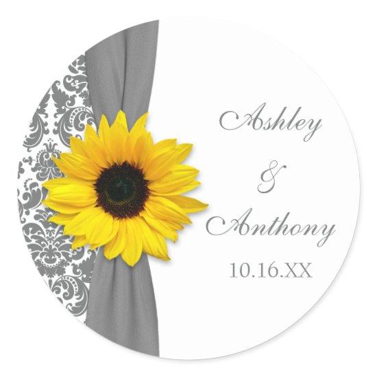 Sunflower Yellow Gray Damask Wedding Classic Round Sticker
