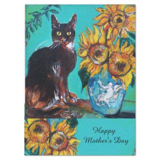 SUNFLOWERS AND BLACK CAT IN BLUE TEAL Mother's Day Tissue Paper