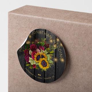 Sunflowers and burgundy roses rustic wood wedding classic round sticker