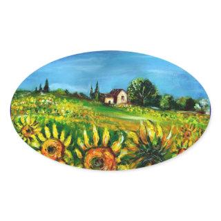 SUNFLOWERS AND COUNTRYSIDE IN TUSCANY,ovale Oval Sticker