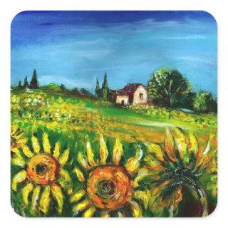 SUNFLOWERS AND COUNTRYSIDE IN TUSCANY SQUARE STICKER