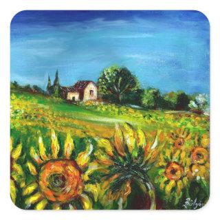 SUNFLOWERS AND COUNTRYSIDE IN TUSCANY SQUARE STICKER