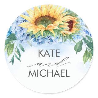 Sunflowers and Dusty Blue Hydrangea Floral Elegant Classic Round Sticker