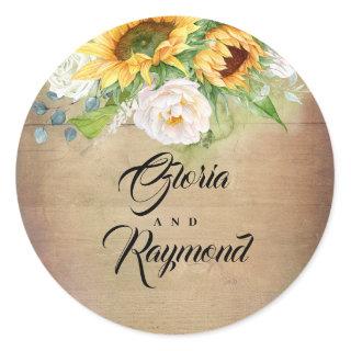 Sunflowers and White Roses Rustic Fall Wedding Classic Round Sticker