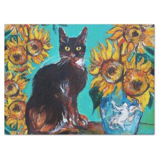 SUNFLOWERS ,BLACK CAT IN BLUE TURQUOISE TISSUE PAPER